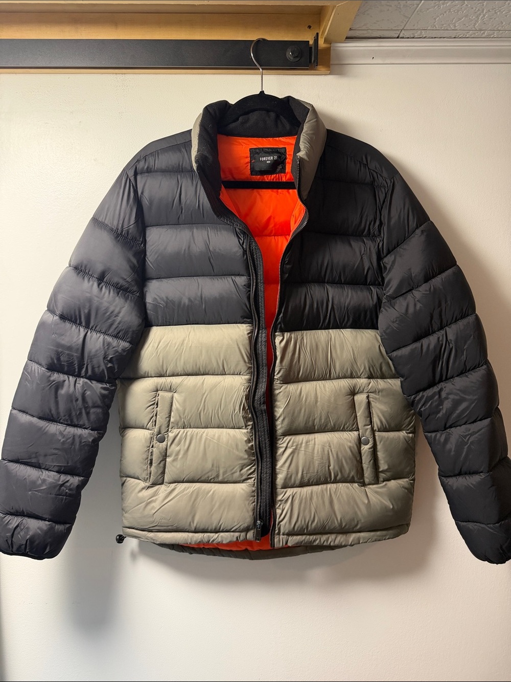 Men's Forever 21 Colorblock Puffer Jacket - Black & Olive with Orange Lining